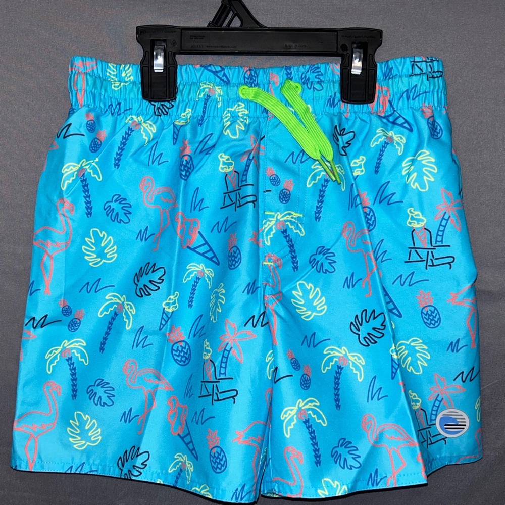 Laguna Swim Boys XL 18/20 Blue Tropical Neon Flamingo‎ Bathing Suit Shorts NWT